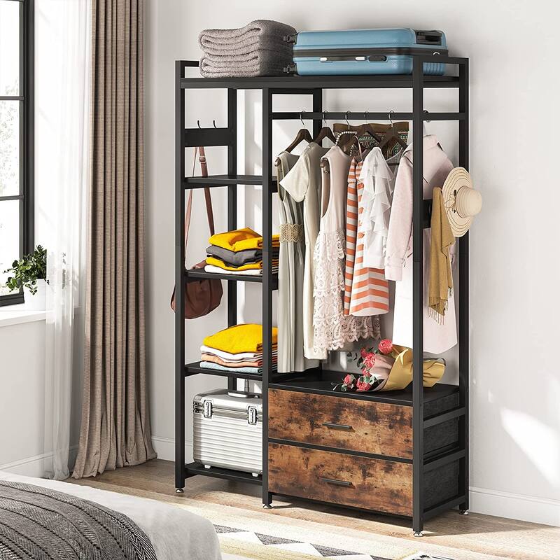 Freestanding Closet Organizer with 2 Drawers, Clothes Shelf Garment Rack with Shelves and Hanging Rod, Clothing Storage-Brown