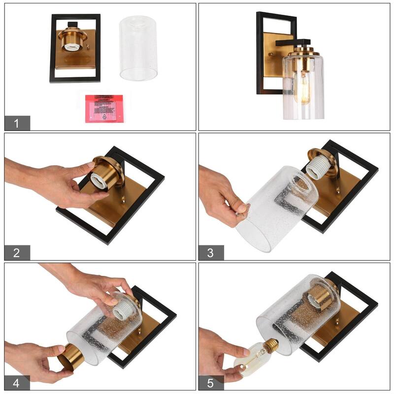 Modern Black Gold 1-Light Mini Bathroom Wall Sconce Seeded Glass Vanity Lights - 5.5" L x 6" W x 10" H