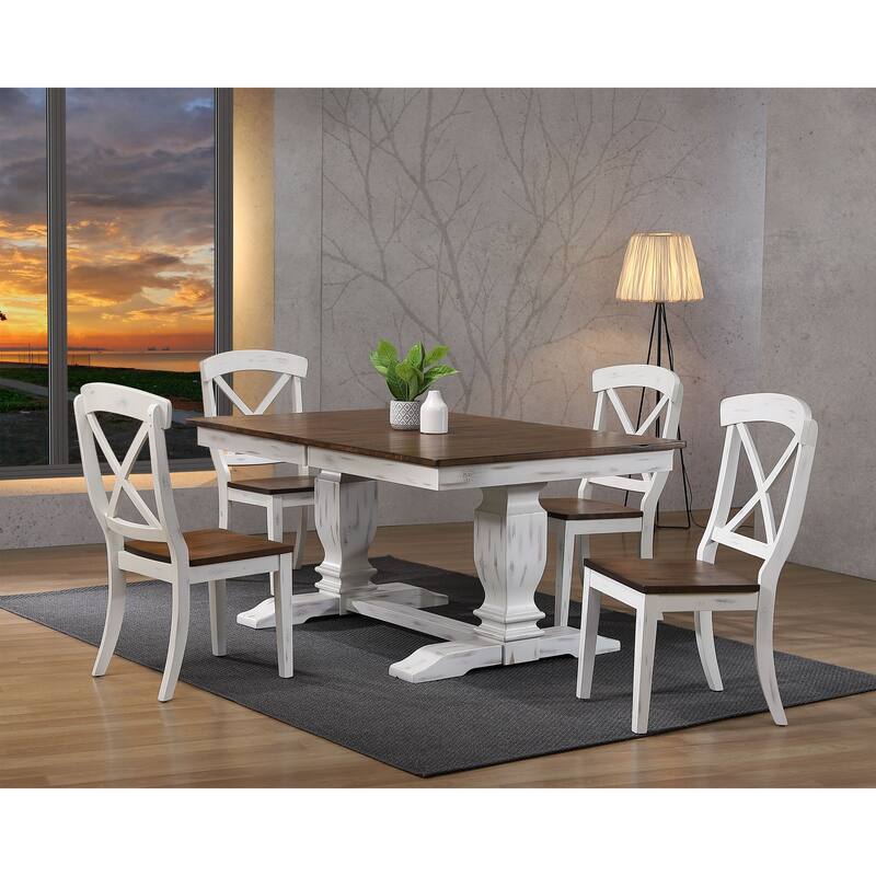 Double Transitional Pedestal Distressed Cocoa Brown/ Cotton White X-Back 5-Piece Dining Set