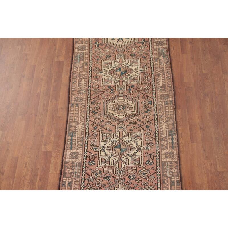 Tribal Pink Gharajeh Persian Vintage Runner Rug Wool Carpet - 3'0"x 10'6"