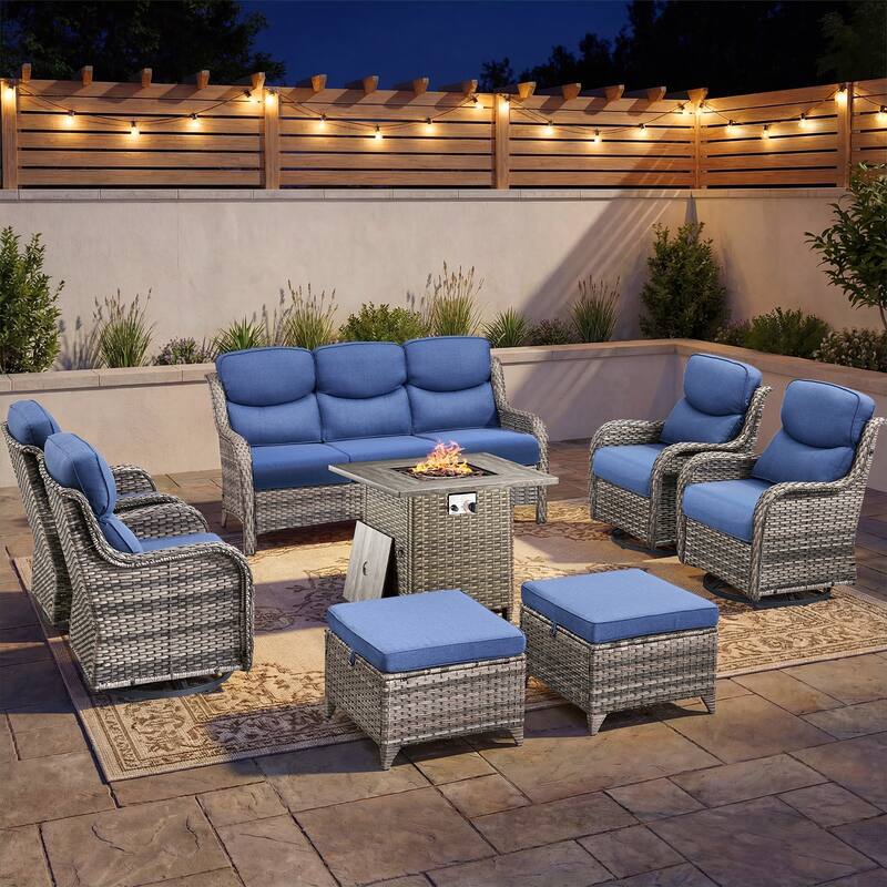 Pocassy Outdoor Propane Fire Pit Table with Sofa Swivel Chair Funiture Set. - Gray Wicker Blue Cushion - 8-Piece Sofa Swivel Chair Ottoman w/ Fie Table