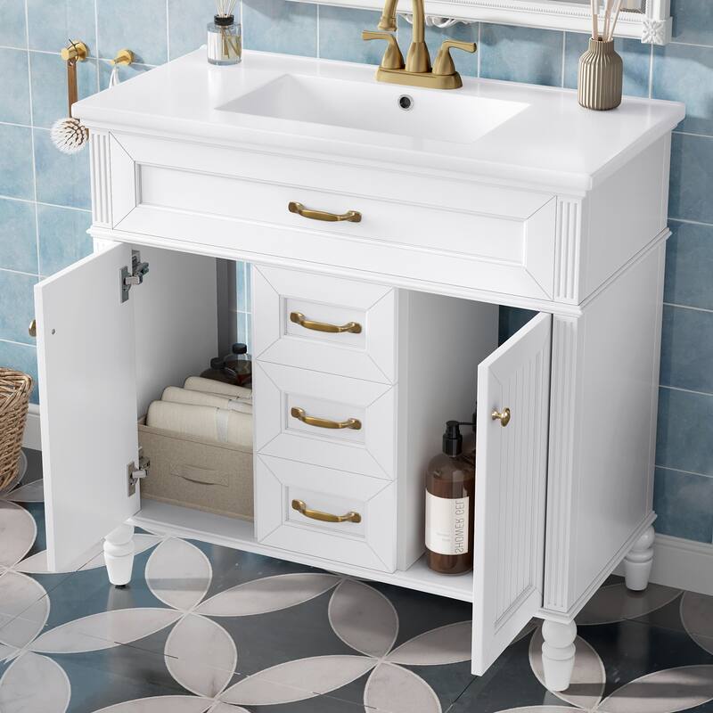 GDF Studio - Sunny Modern Solid Wood + MDF 36-Inch Bathroom Vanity with Ceramic Sink and Flip-Out Drawer