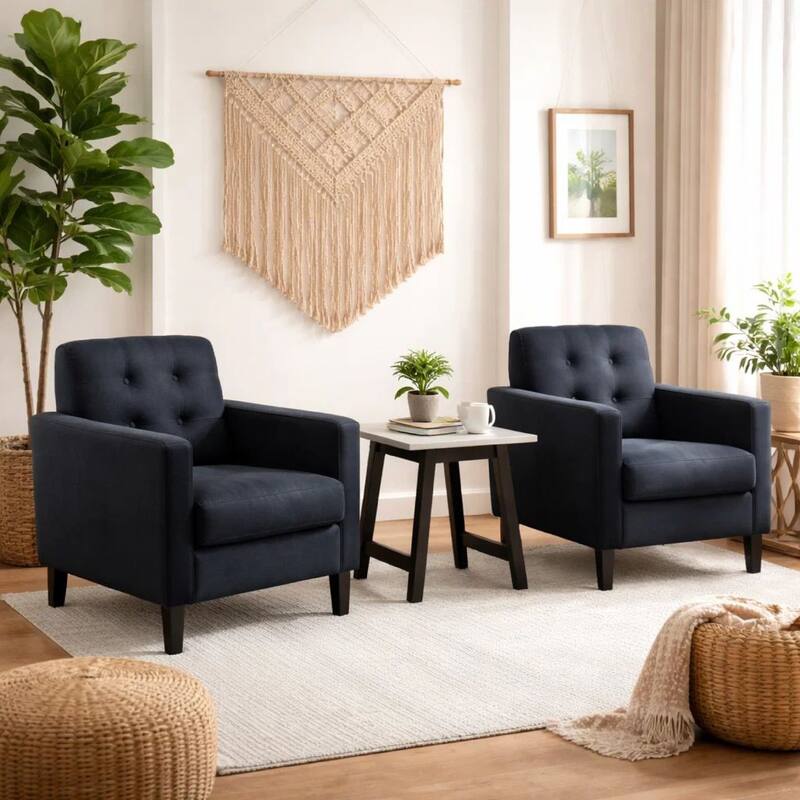 Oz Living Room Set with 2 Velvet Armchairs, Wood Accent End Table, Black