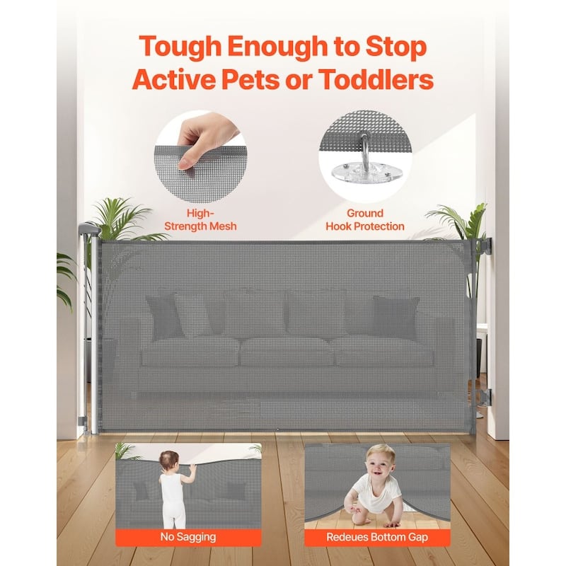 Retractable Baby Gate with Escape-Proof Bottom Hook and Mesh Design for Kids and Pets Safety