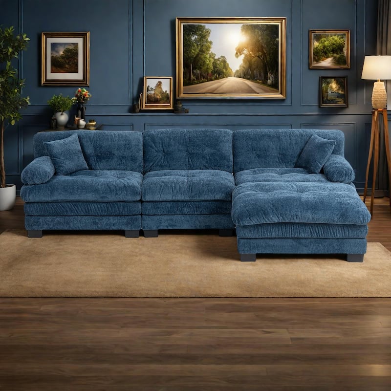 120.87" Chenille L-Shaped Sectional Sofa with Reversible Design, and 3-Seat Sleeper & Ottoman - Dual-Layer Cushion - Blue
