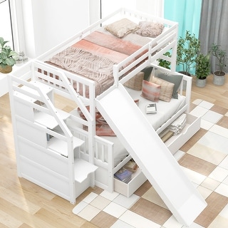 Twin over Full Bunk Bed with Slide, Drawers & Storage, Space-Saving, White