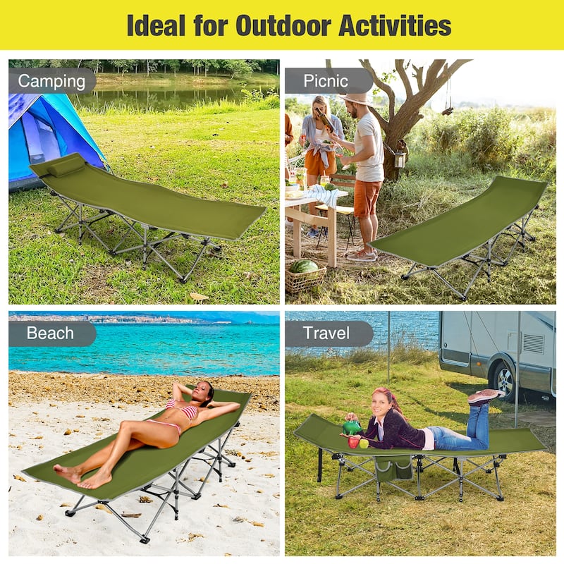 Folding Camping Cot Heavy-Duty Outdoor Cot Bed w/ Side Storage Pocket - 74'' x 26'' x 15.7''