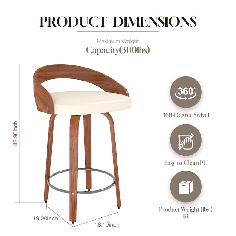 Bar Stools Set of 2, Swivel Bar Height Stools with Low Back, Wood Bar Chairs