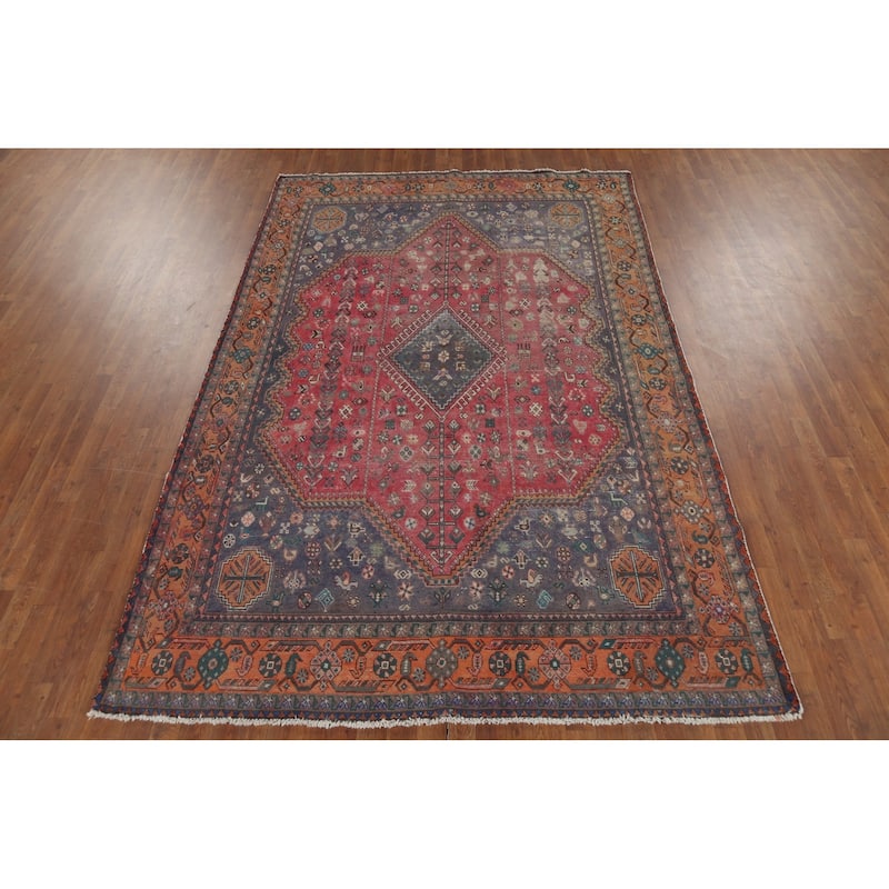 Geometric Joshaghan Persian Vintage Rug Hand-Knotted Wool Carpet - 6'7"x 9'10"