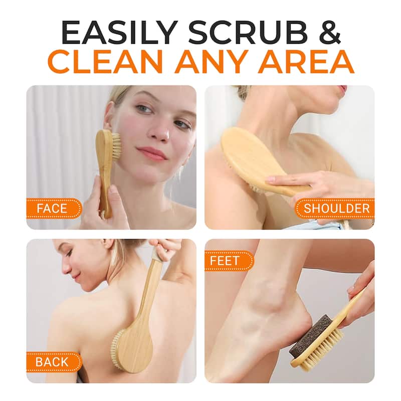 Cheer Collection Set of 4 Shower Body Brushes with Natural Bristles Multiple Sizes for Wet or Dry Use