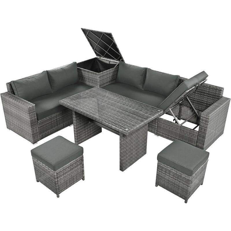 6-Piece PE Rattan Patio Sofa Set with Storage & Adjustable Seats