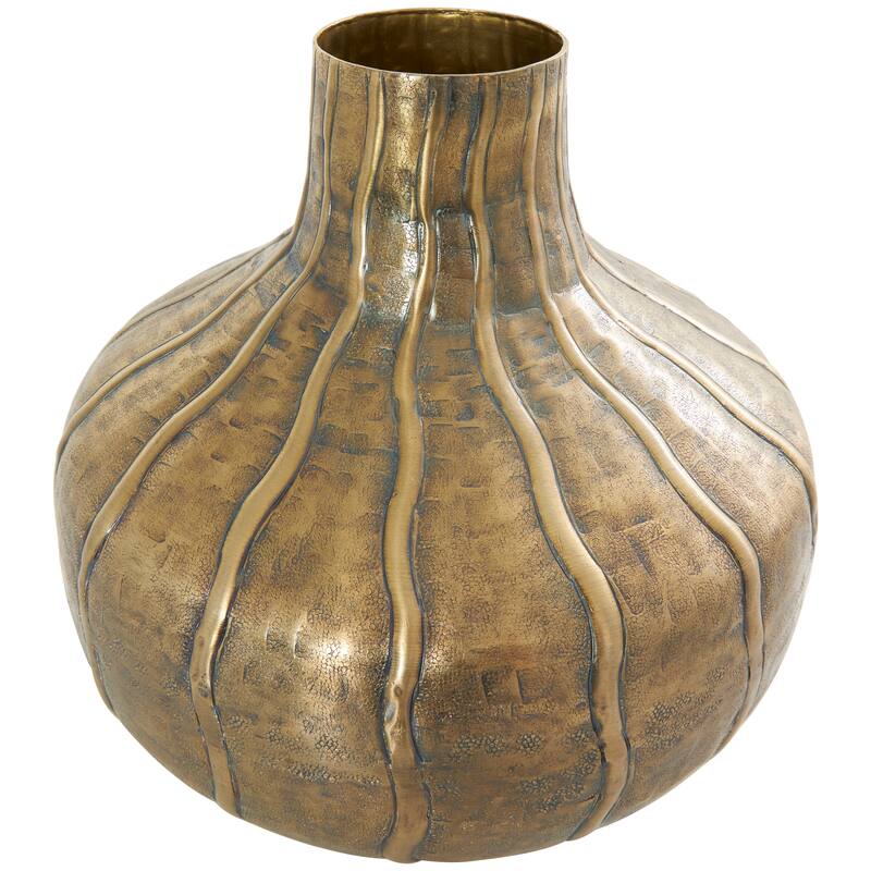 Brass Metal Wide Snakeskin Inspired Decorative Vase with Dimensional Wavy Accents