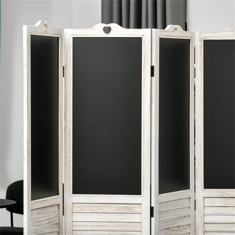 White-Black Paulownia Wood Blinds Room Divider with Blackboard - 63.8" L x 67.75" H x 0.75" T