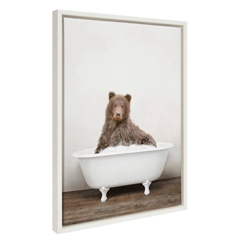 Kate and Laurel Bear Rustic Bubble Bath Framed Canvas by Amy Peterson - White - 18x24