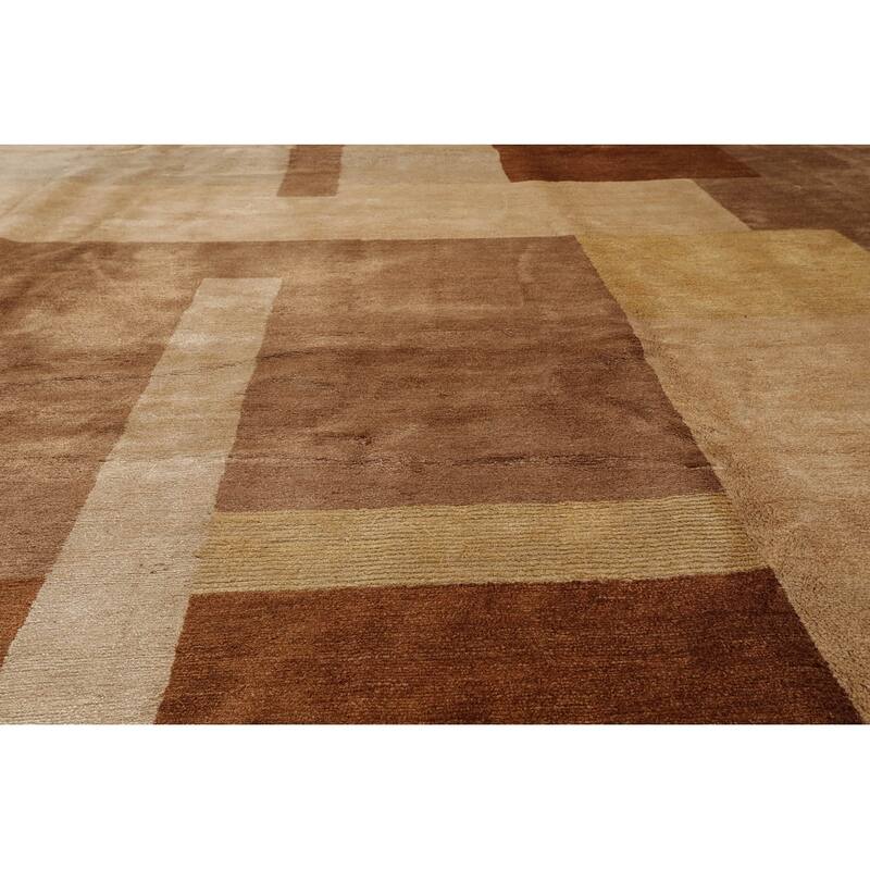 Hand Knotted Beige Tibetan Wool & Silk Modern Oriental Area Rug - 9' x 11' 11''