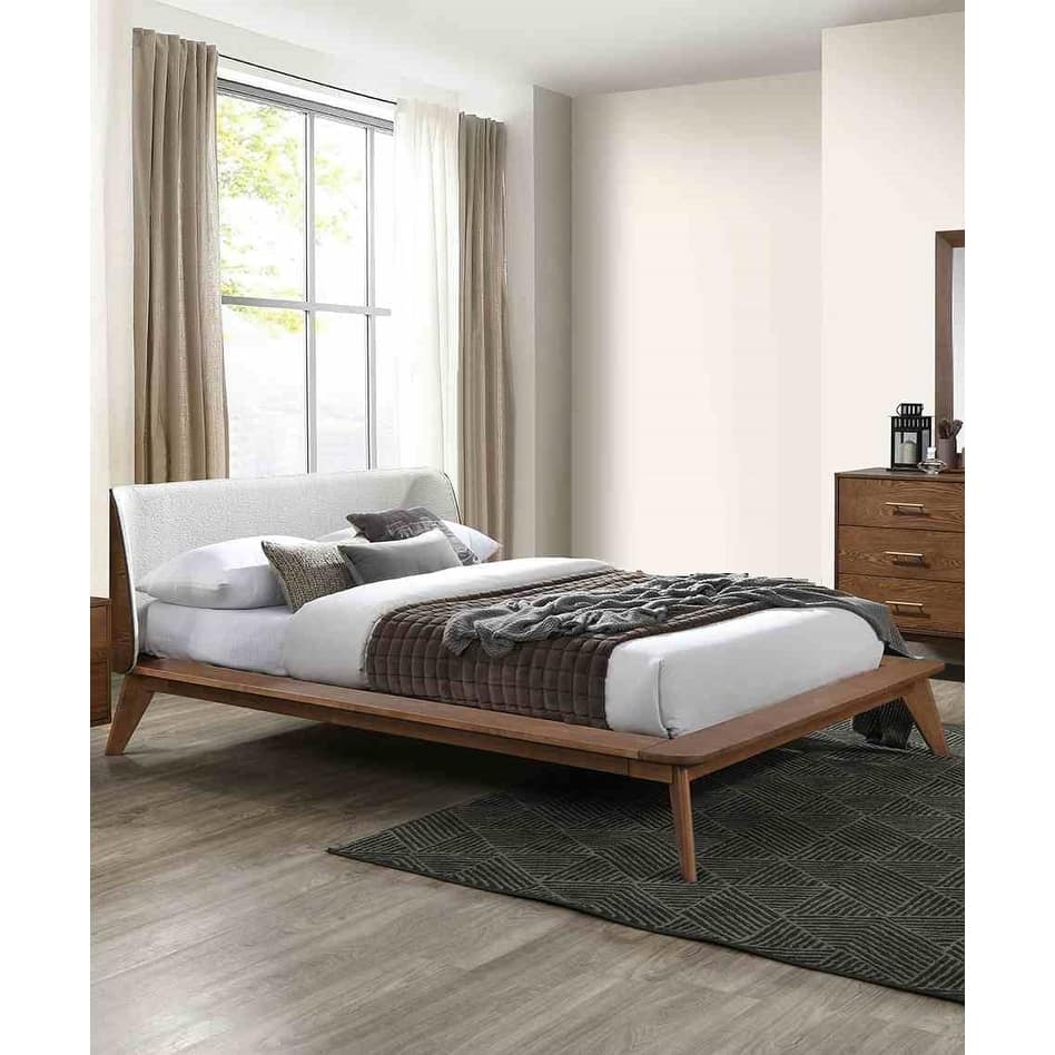Mid Century Modern Walnut Beige Finish 1PC Winged Edge Platform Bed