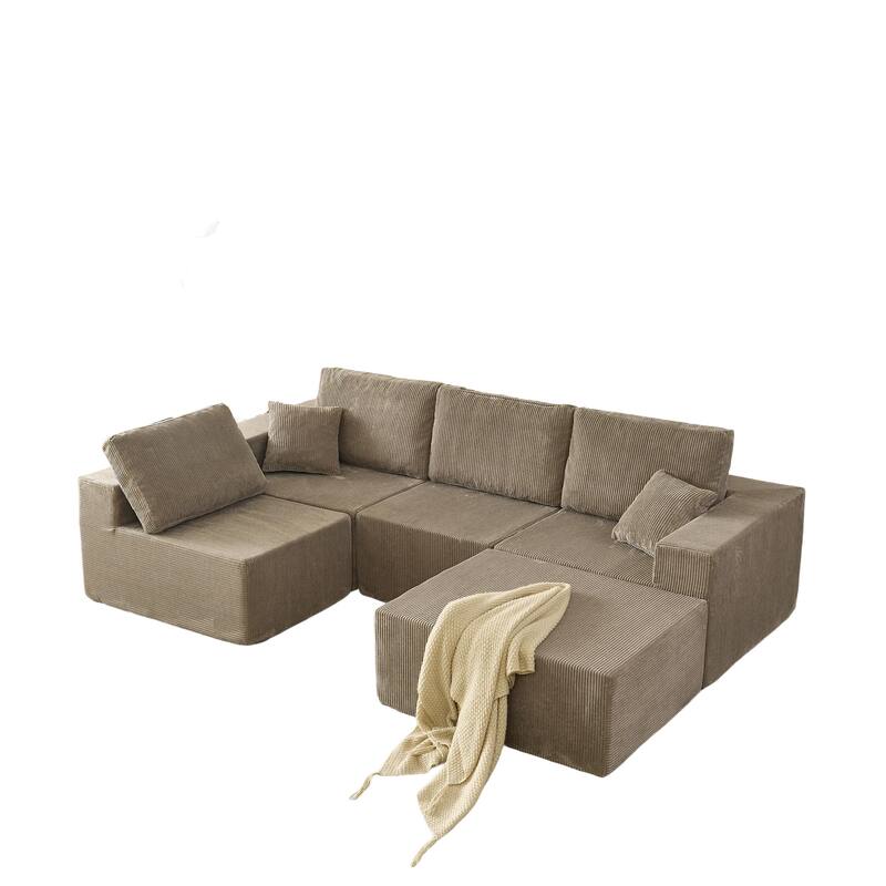 Modular L Shaped Sectional Sofa with Ottoman, Corduroy Boneless Cloud Sofa, 4 Seater Compressed Sofa with 2 Pillows