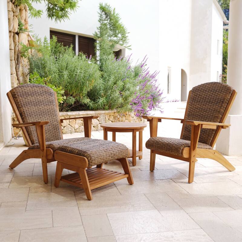 Cambridge Casual Camden Teak Patio Adirondack Chair Set with Padded Woven Seat - FREE Patio Cover - Natural Teak/Brown Wicker - 4 Piece