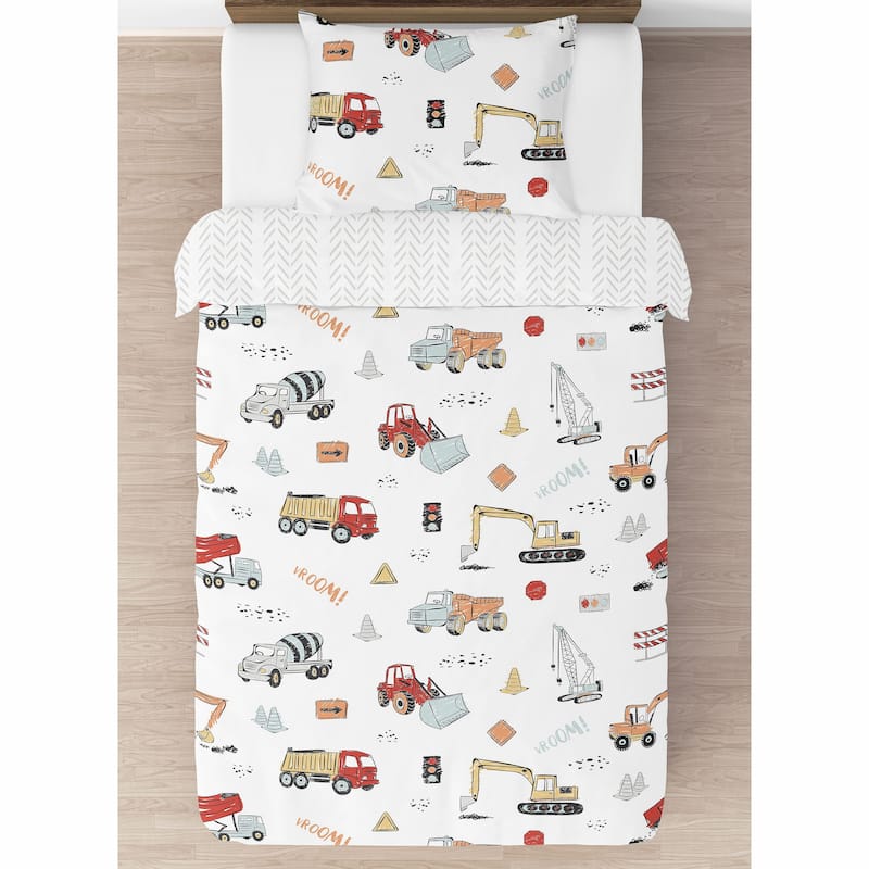 Sweet Jojo Designs Construction Truck Boy 2pc Twin Comforter Set - Grey Yellow Orange Red Blue Transportation Chevron