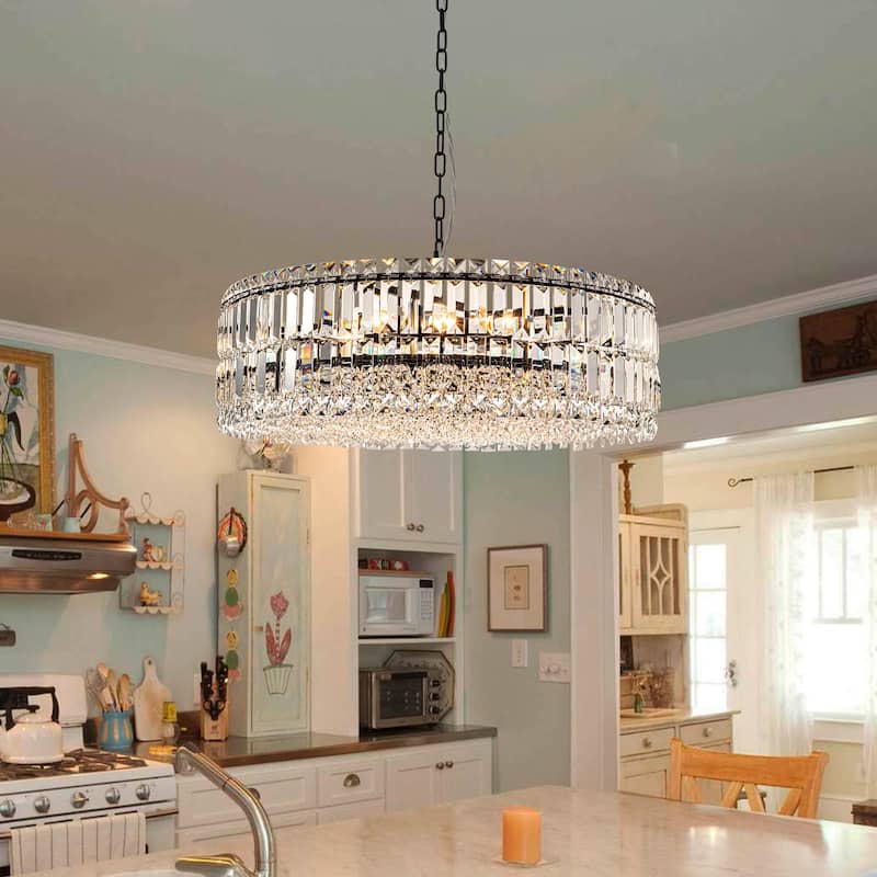 8-Lights Modern Drum Crystal Chandelier Round Dining Room Light Fixture - Black - W23.6"
