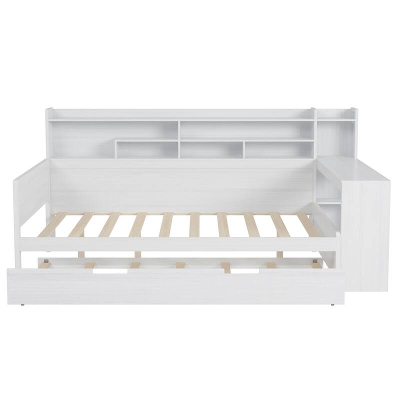 Space-Saving Twin/Full Size Daybed with Trundle and Study Desk, Wooden Platform Bed with Storage Shelves