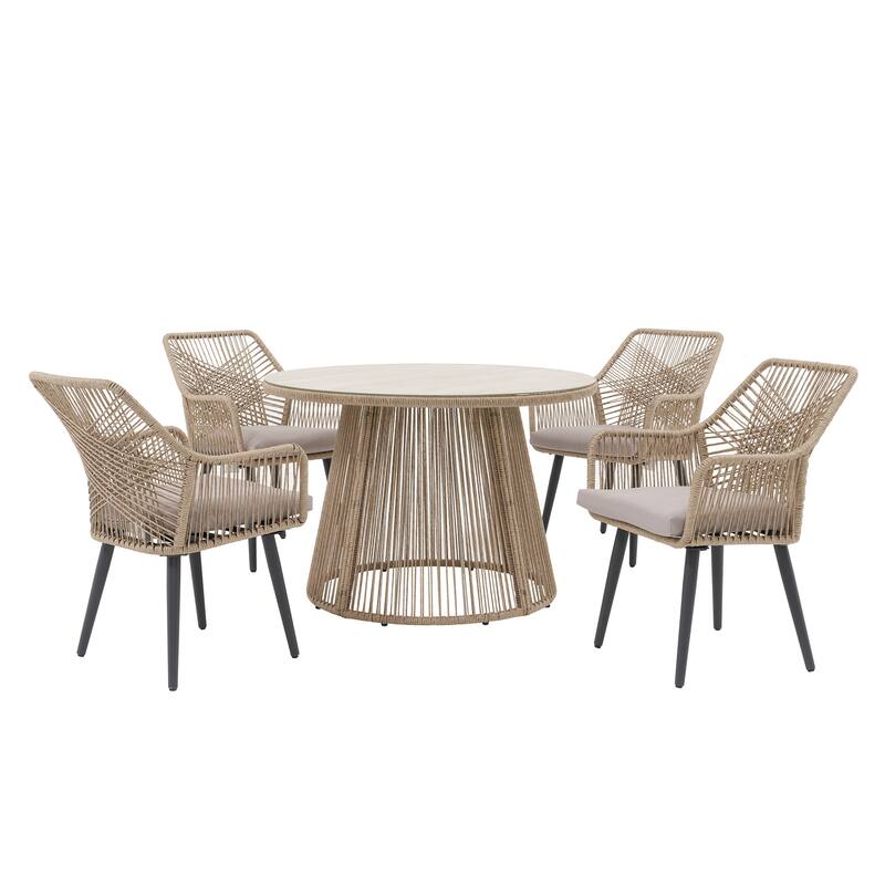 5 Pieces Outdoor PE Rattan Patio Dining Set with Round Tempered Glass Table
