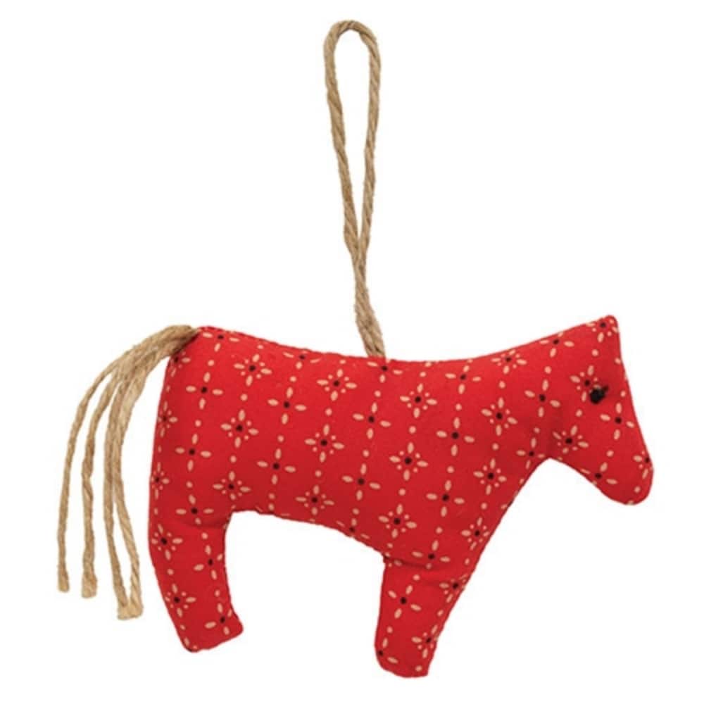 Red Fabric Plush Horse Ornament with Jute Hanger and Floral Print - 4.50 x 1 x 3.50 in.