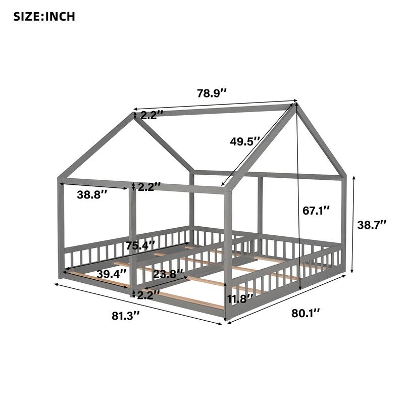 Twin Size House Platform Bed Frame with Fence,Two Shared Beds