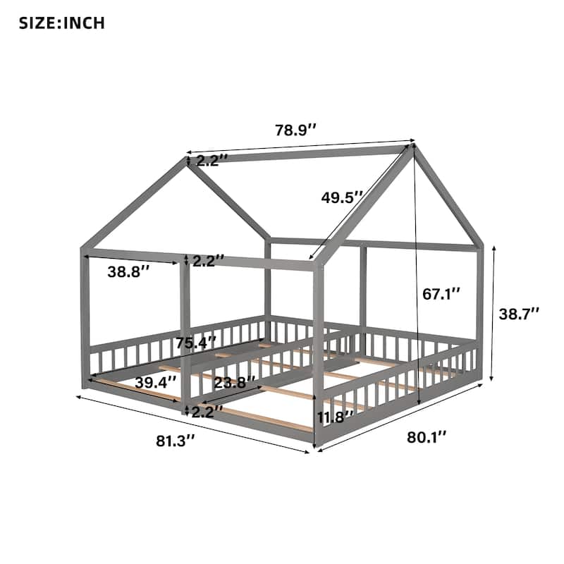 Twin Size House Platform Beds, 2 Shared Beds, Floor Bed, White