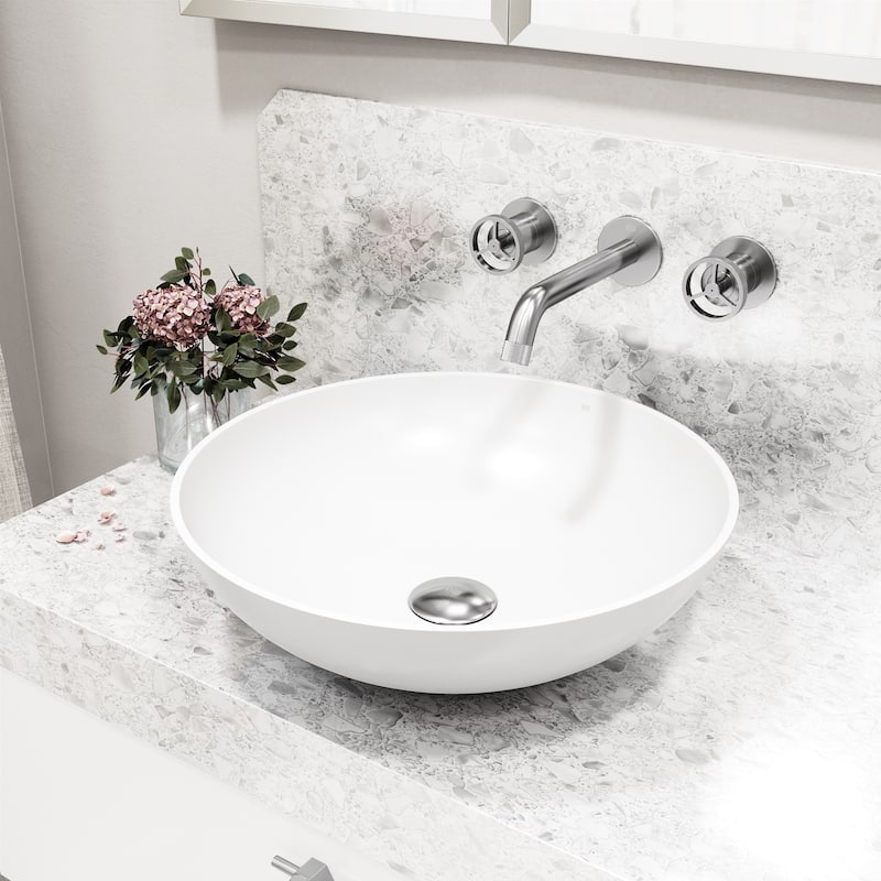 VIGO Lotus 16"L x 16"W MatteStone Vessel Sink and Cass Wall Mount Faucet Set - White