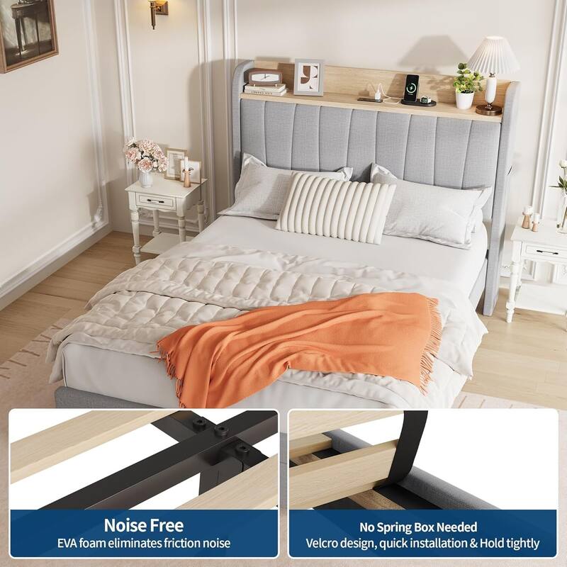 Upholstered Platform Beds with Drawers, Storage Headboard, Charging Station, Grey