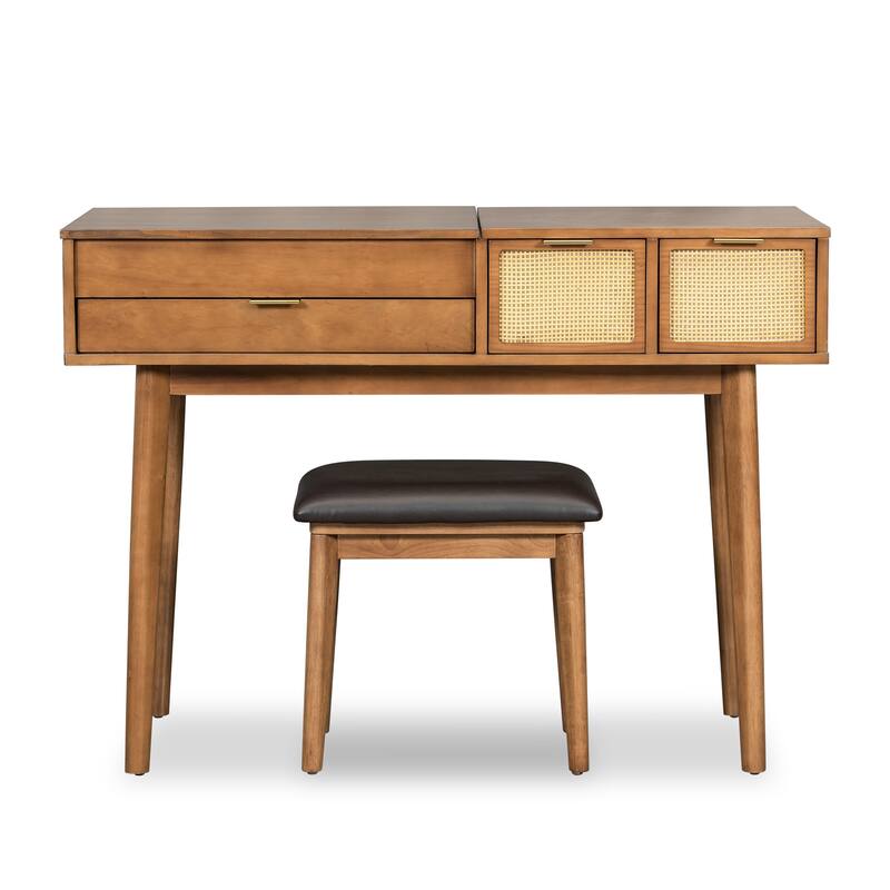 43" Brown Classic Wood Makeup Vanity Sett with Flip-top Mirror and Stool Dressing Table with Three Drawers and storage space