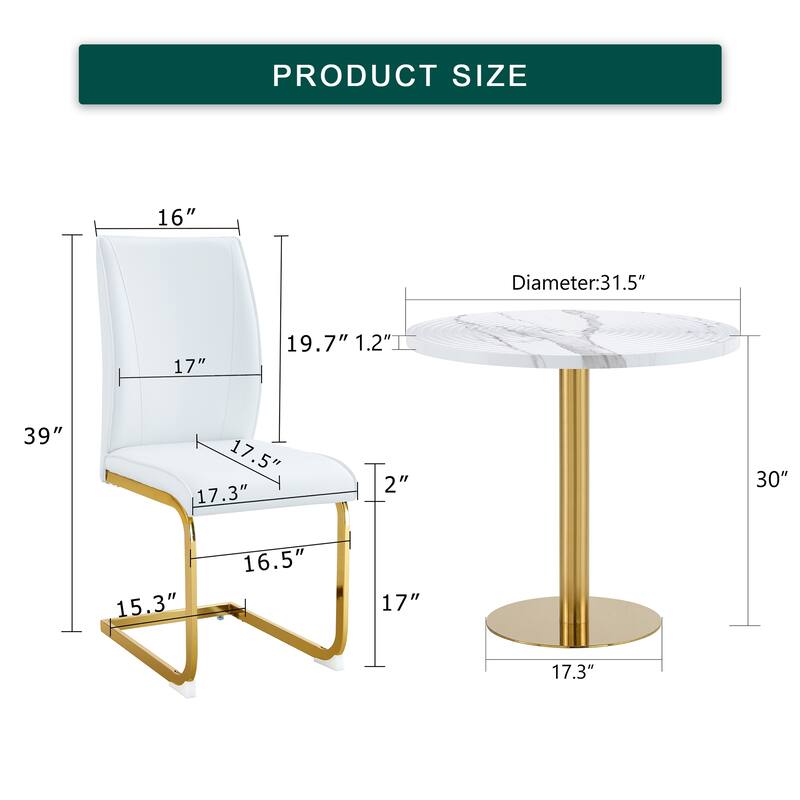 Roomfitters 5pcs Round White Marble Dining Table Set with High Resilience PU Dining Chairs