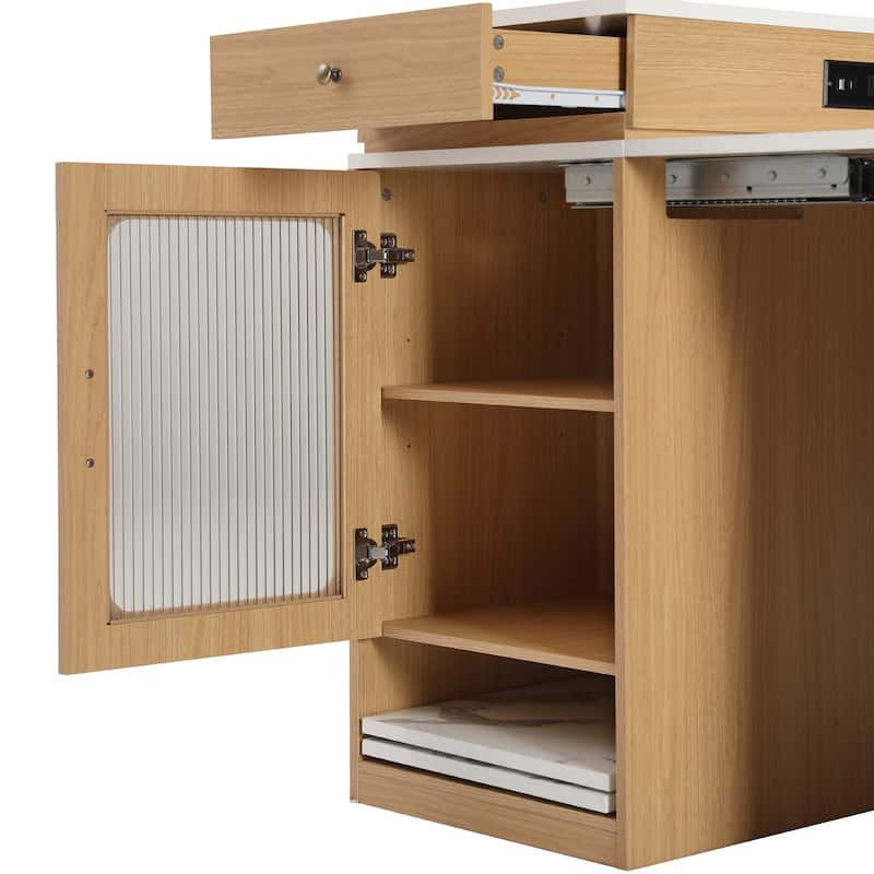 Kitchen Island with Extendable Dining Table, Kitchen Storage Table with 2 Drawers, Power Outlet, Open Shelves, for Diningroom
