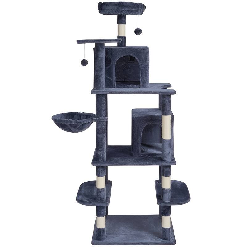Dark Grey Plush 8-Layer Cat Tree with Condos, Hammock & Toys