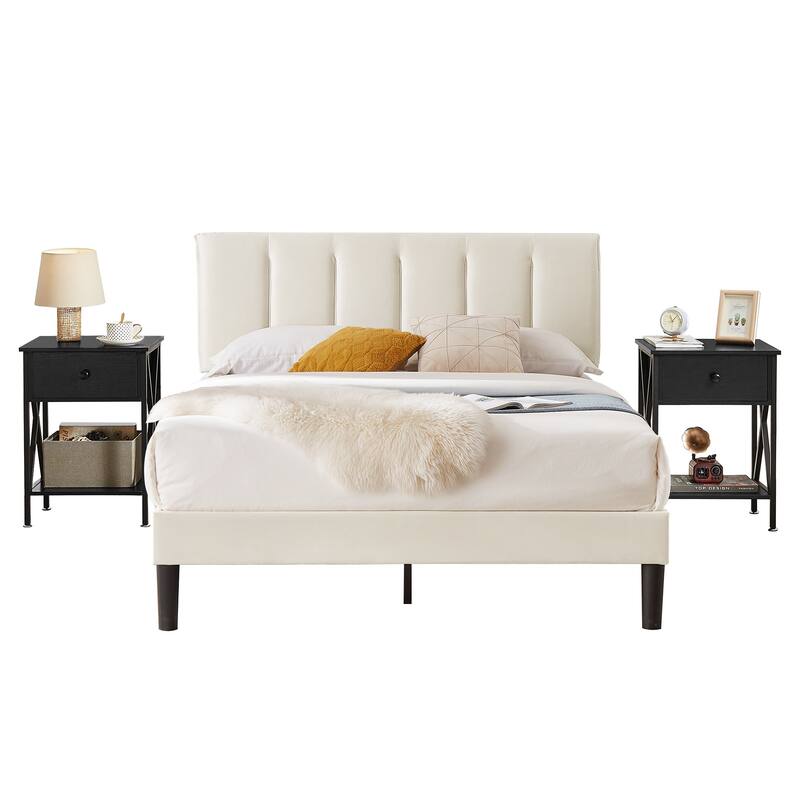 VECELO 3-Pieces Tufted Upholstered Beige Platform Bed Frame with Adjustable Height Headboard and Nightstands Set of 2