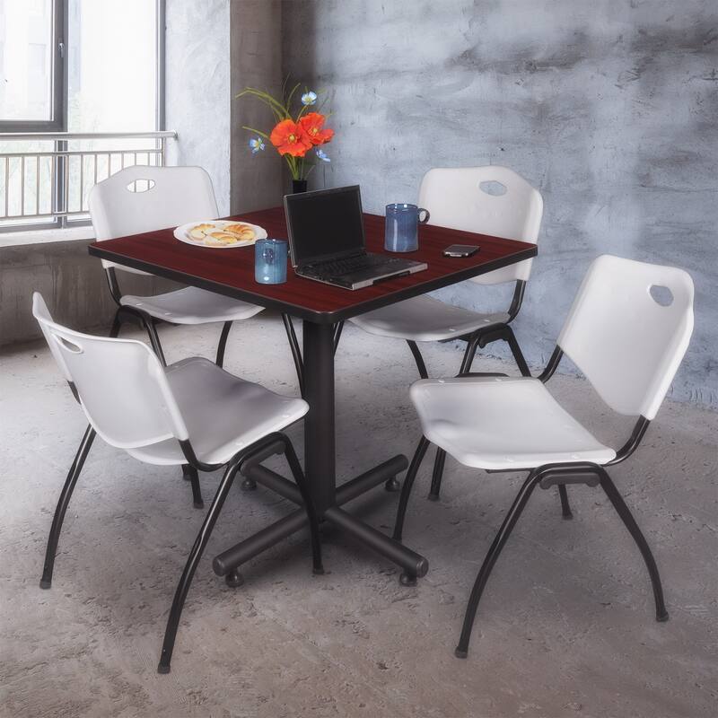 42 in. Square Breakroom Table- Mahogany & 4 'M' Stack Chairs- Grey