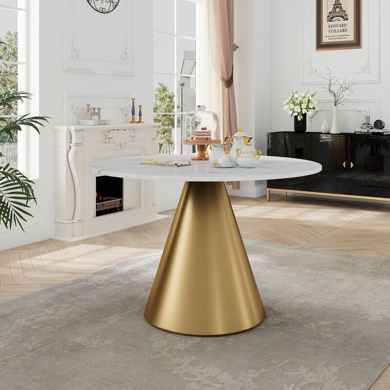 Clihome Round Marble Top Metal Dining Table - White