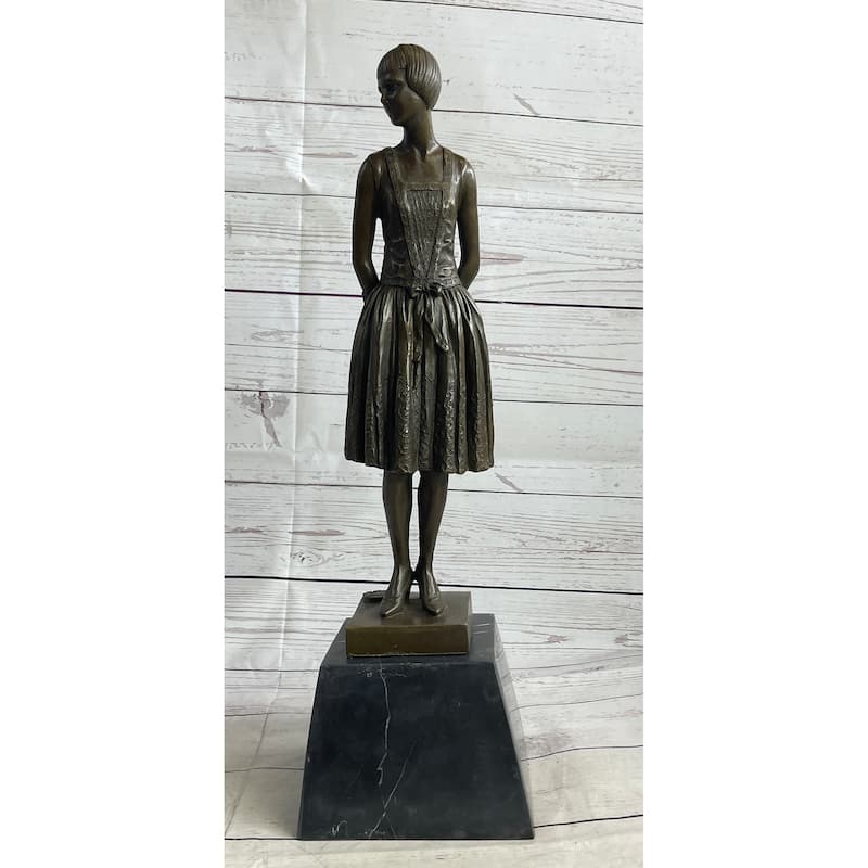 Young Woman In Dress With Short Hair Bronze Figure Statue Sculpture On Marble Base