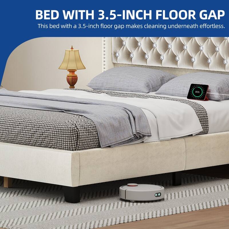 Moasis King/Queen Size Velvet Upholstered Bed Frame with Storage Headboard with USB Charging Stations