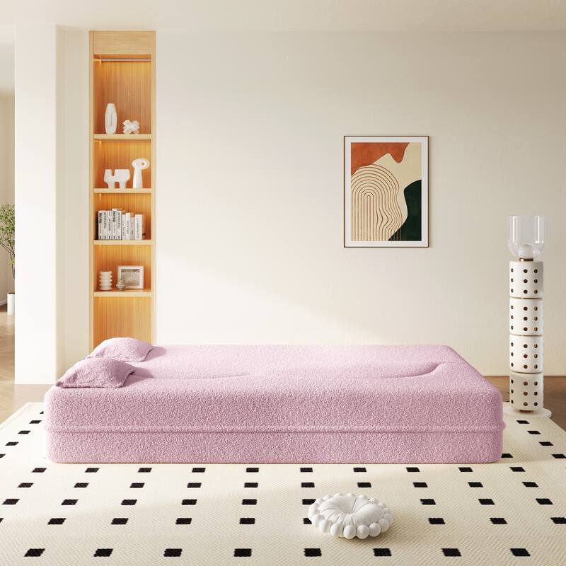 Modern Floor Sofa with 2 Pillows,Convertible Teddy Fabric Foam-Filled Sleeper Sofa Bed