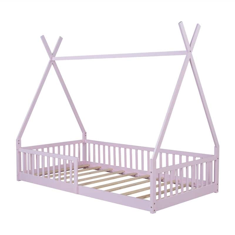 Twin Size House Floor Bed with Fence, Wooden House Shaped Montessori Bed with Triangulat Design for Kids