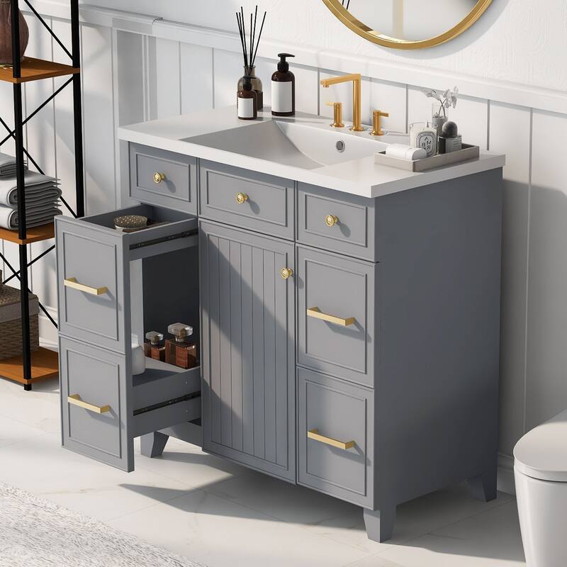 Modern 36-Inch Free-Standing Vanity with Single Sink, Storage Drawers & Adjustable Shelf