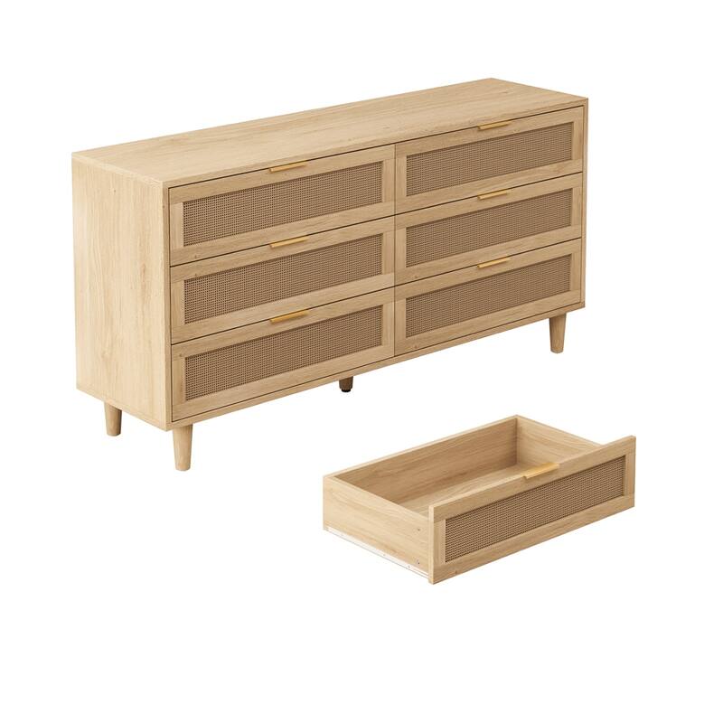 59" Rattan Storage Cabinet with 6 Drawers and Wood Legs