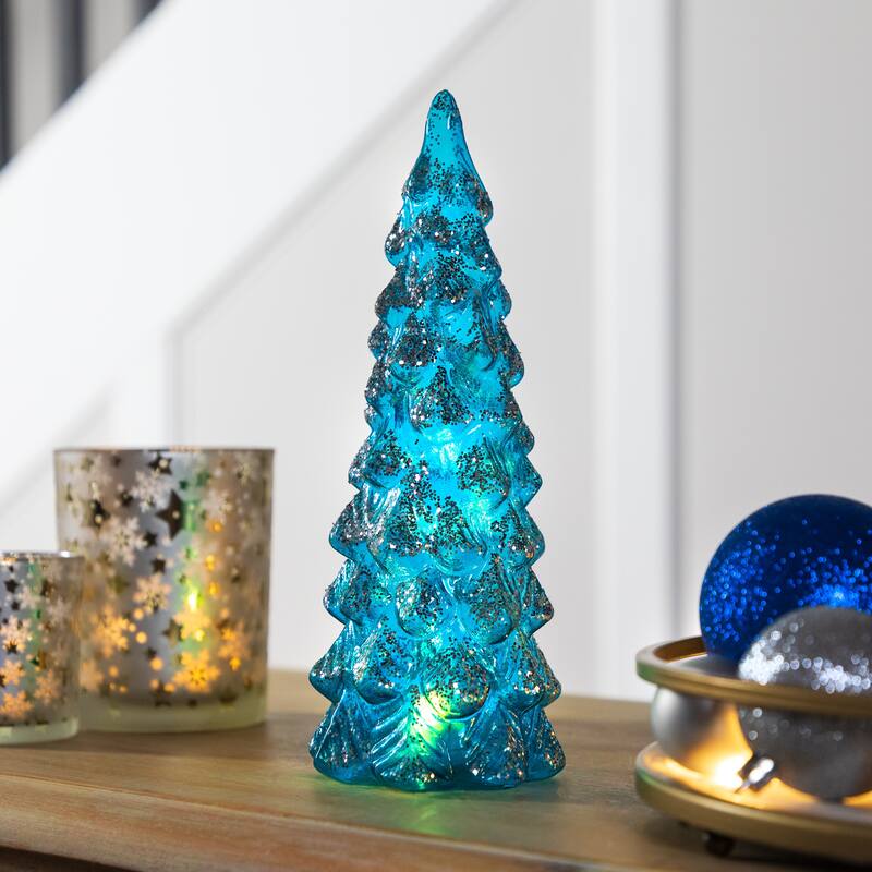 LED Lighted Glittered Glass Christmas Tree Decoration - 10.25" - Blue