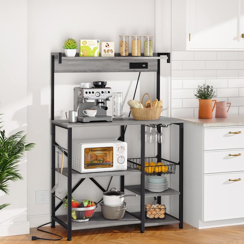 Kitchen Baker's Rack with Power Outlet & USB Ports, Storage Shelf - Grey