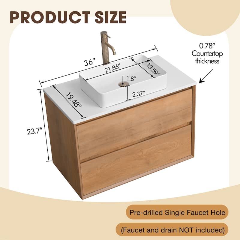 36"48"60"72"84" Floating Bathroom Vanity Quartz Counter Top with Round Ceramic Vessel Sink