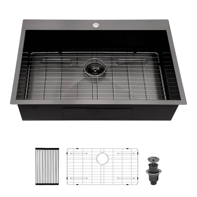 30'' Drop-in Single Bowl 16 Gauge Stainless Steel Kitchen Sink in Gunmetal Black - 33'' x 22'' x 9''