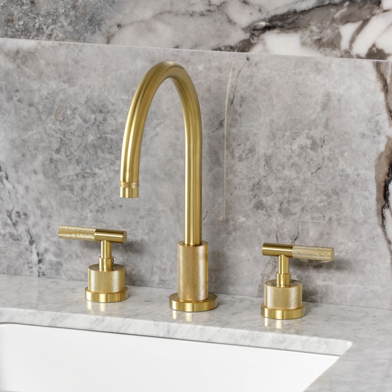 Kingston Brass Convergent Widespread Bathroom Faucet with Knurled Handle and Brass Pop-Up