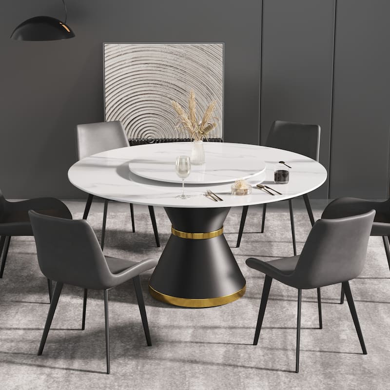 59'' Round Marble Dining Table with Solid Wood Pedestal - RDTT150W80W-RDTL2B
